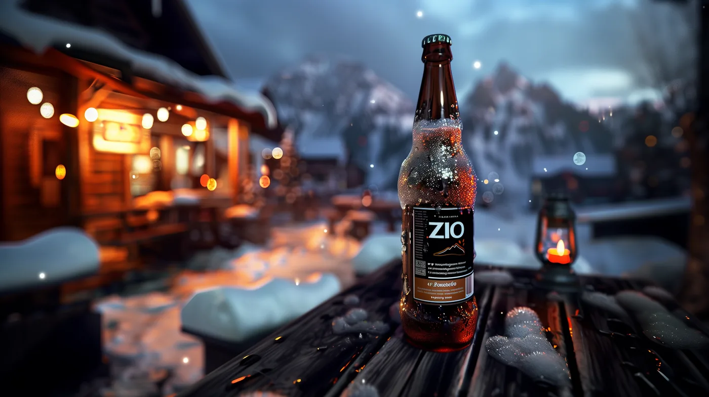AI-assisted winter product image of a beer bottle on a snowy outdoor table