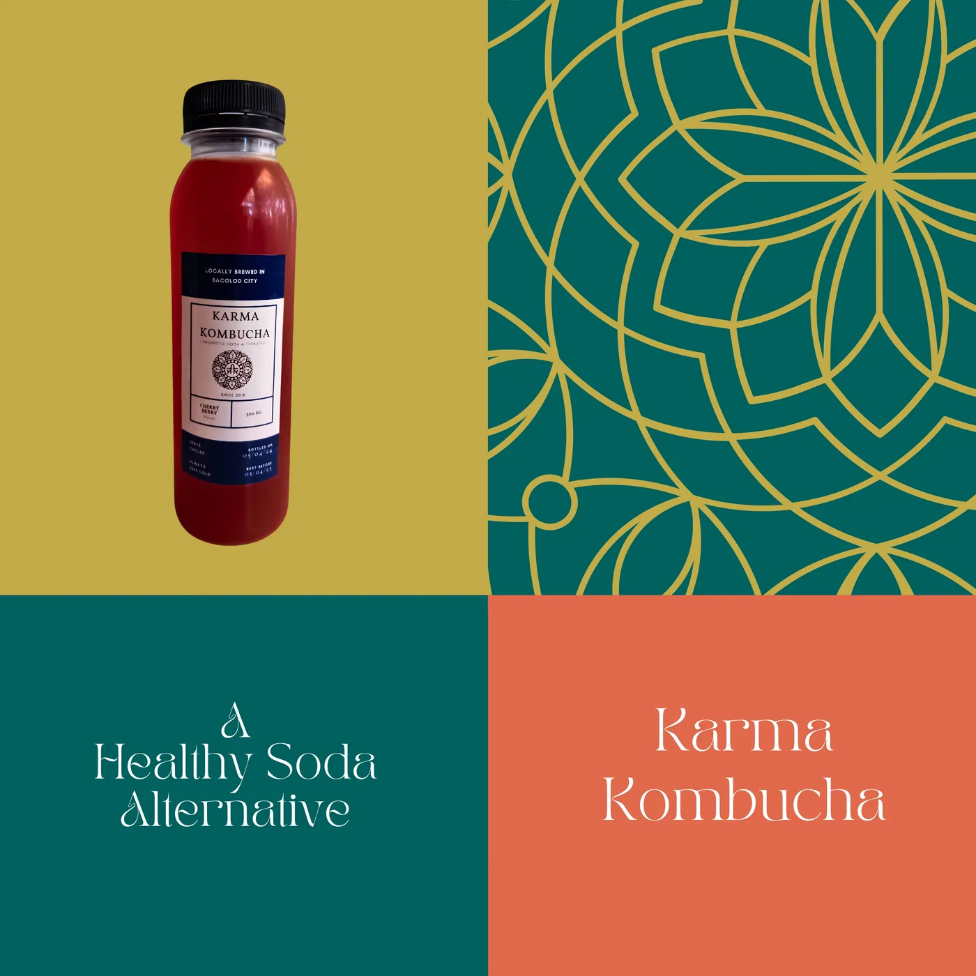Karma Kombucha brand board with product photography, geometric graphics, and a warm color palette