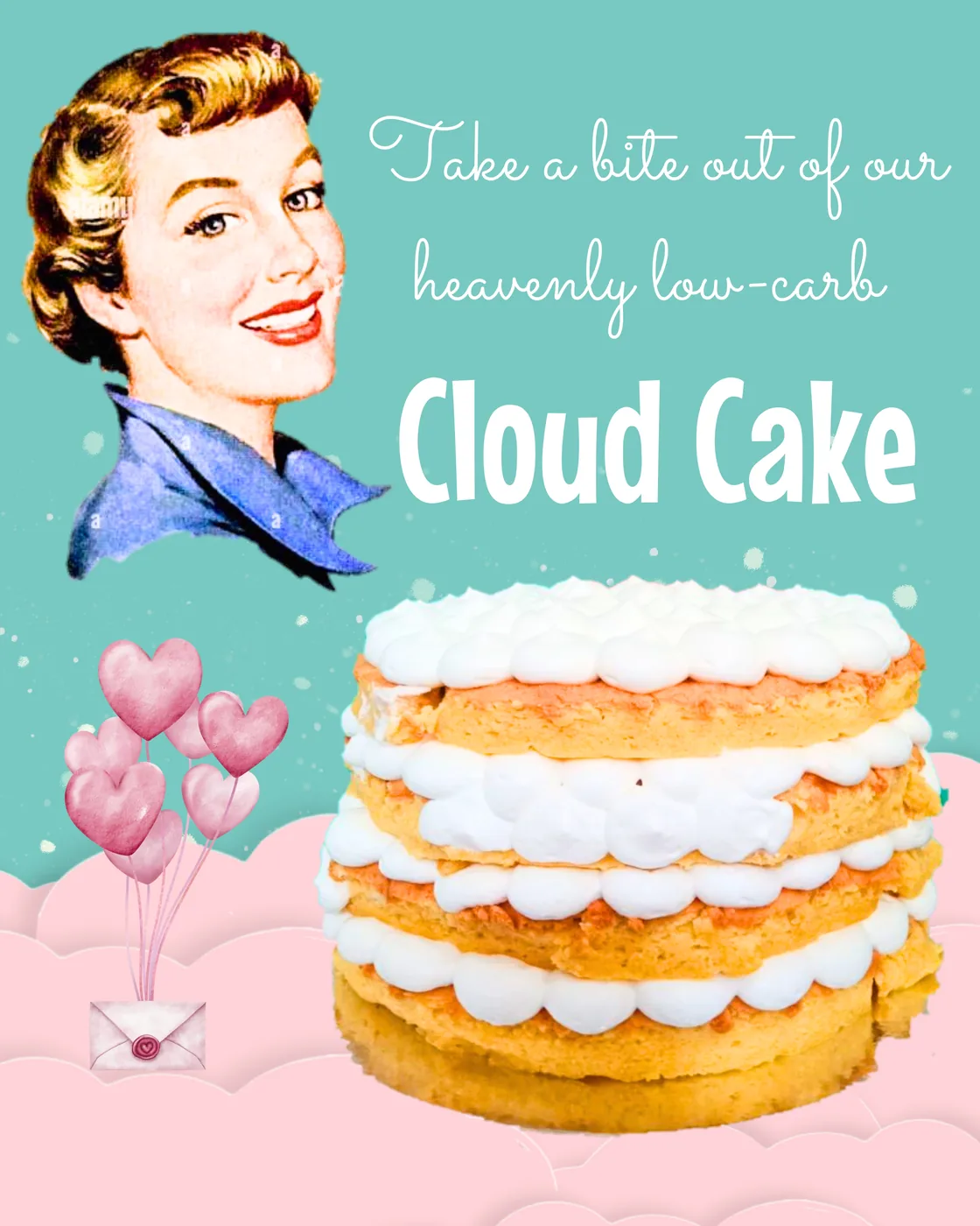 Retro social-media graphic advertising No Sugar Daddy Cloud Cake
